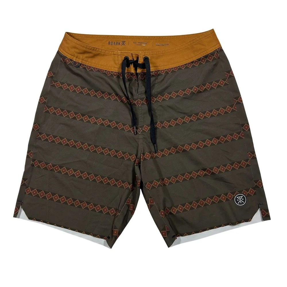 Roark The Passage Boardshorts Mens 28 Brown Geometric Stripe Stretch Swim Trunks